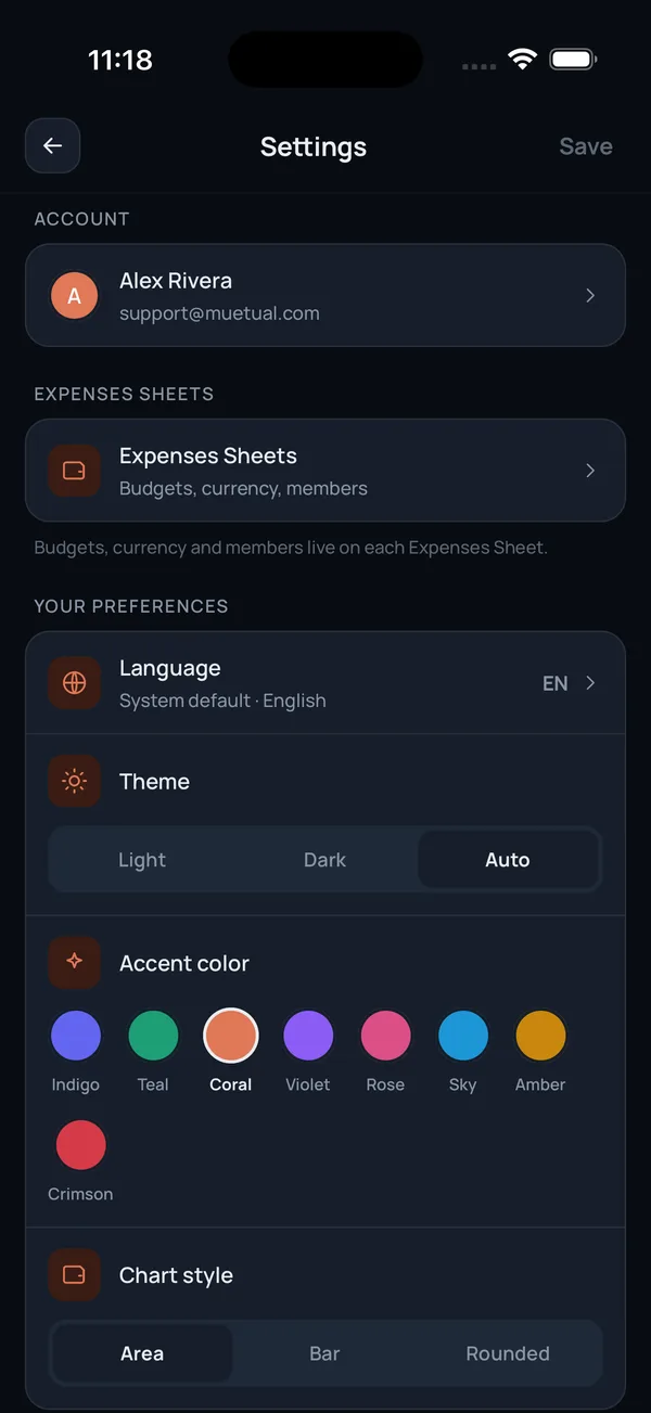 L’écran Réglages : thème, couleur d’accent, style de graphique et préférences de langue.