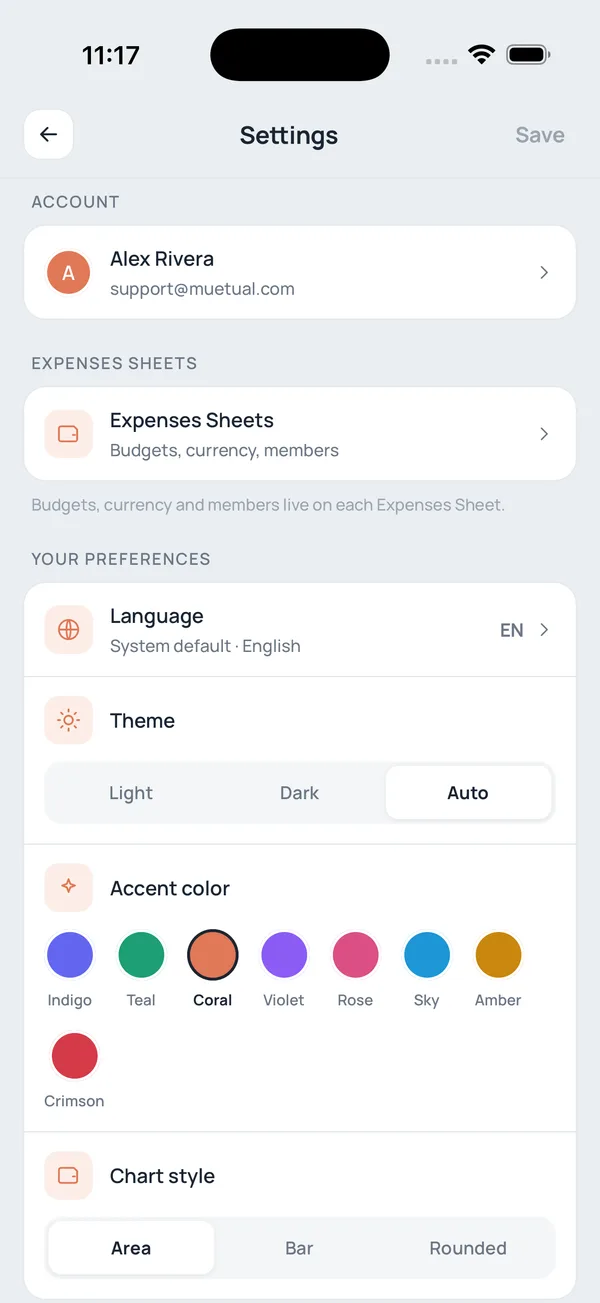 L’écran Réglages : thème, couleur d’accent, style de graphique et préférences de langue.